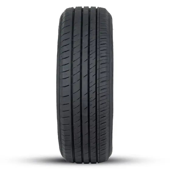 Black tire with tread pattern on a white background