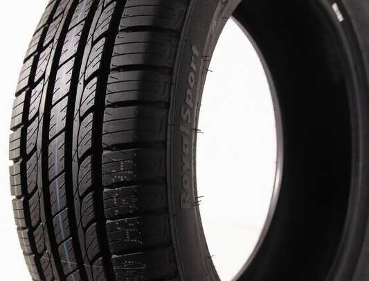 Close-up of a tire with 'Royalsport' branding on a white background