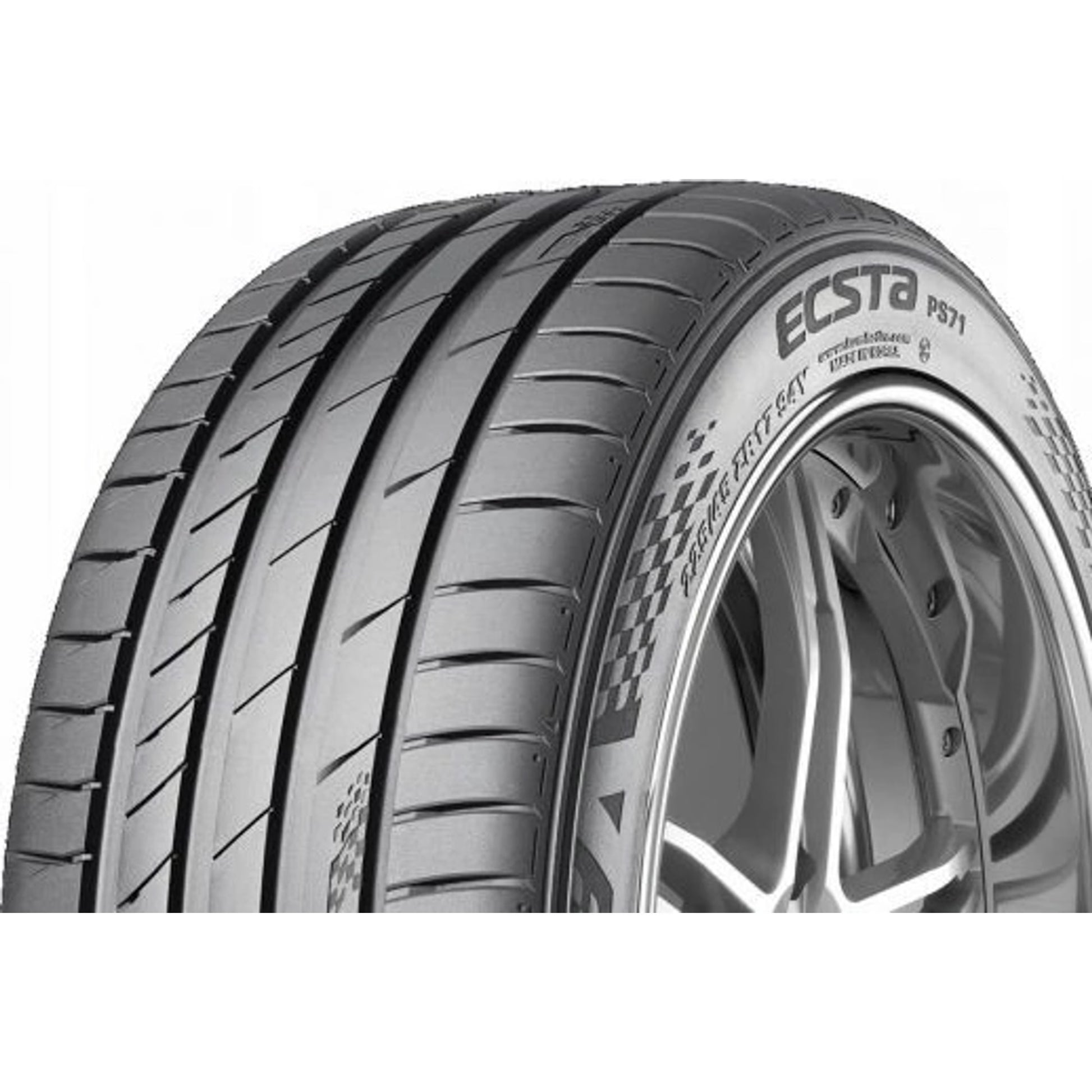 Car tire with 'ECSTA' branding on a white background