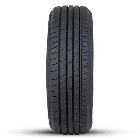 Black tire with tread pattern on a white background