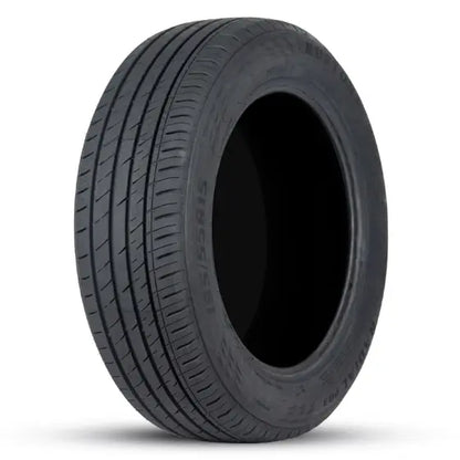 Black tire with tread pattern on a white background