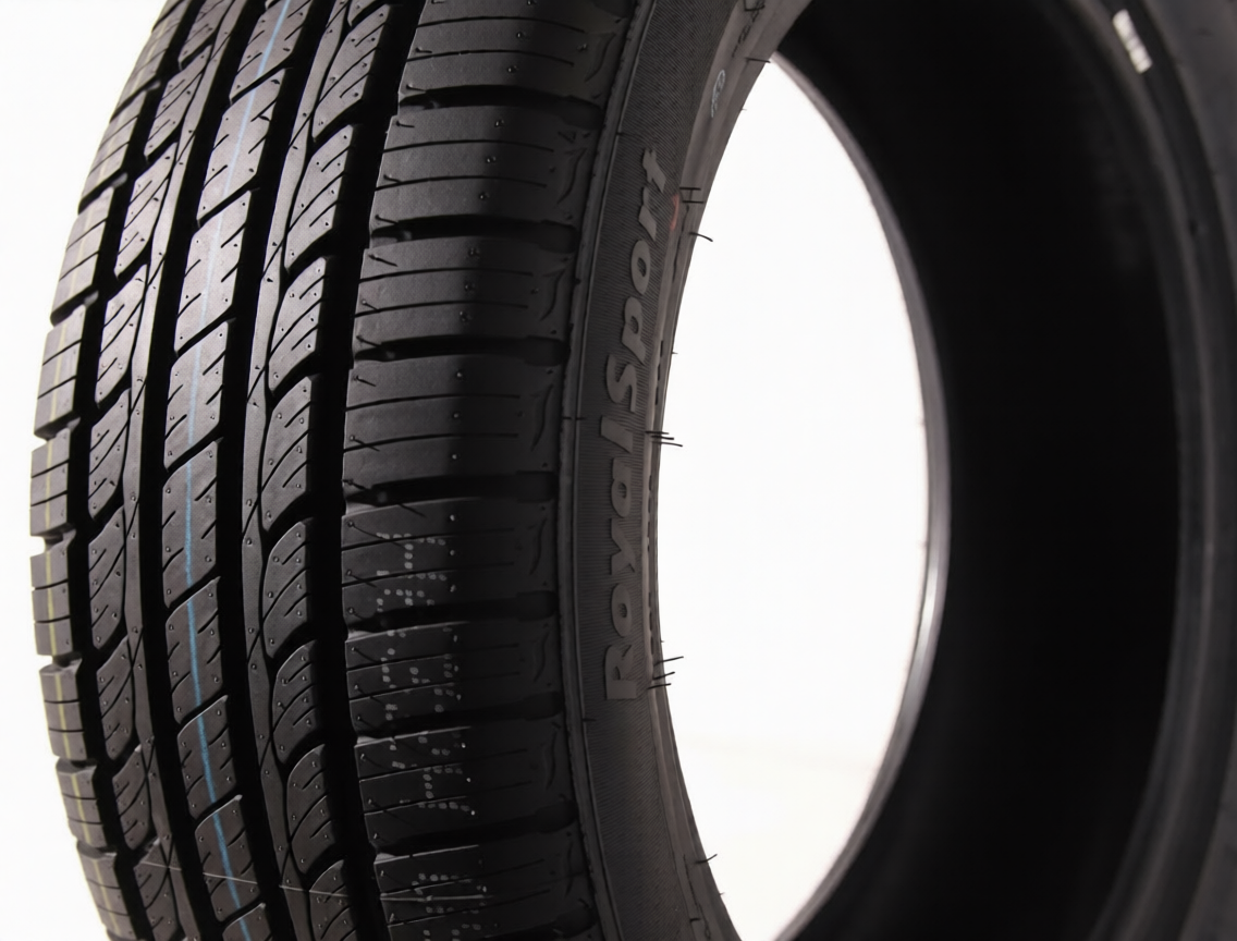 Close-up of a tire with 'Royalsport' branding on a white background