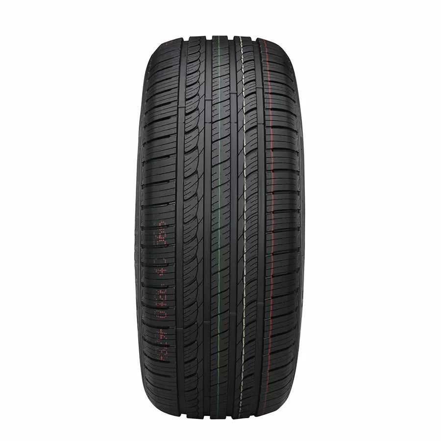 Car tire with tread pattern on a white background