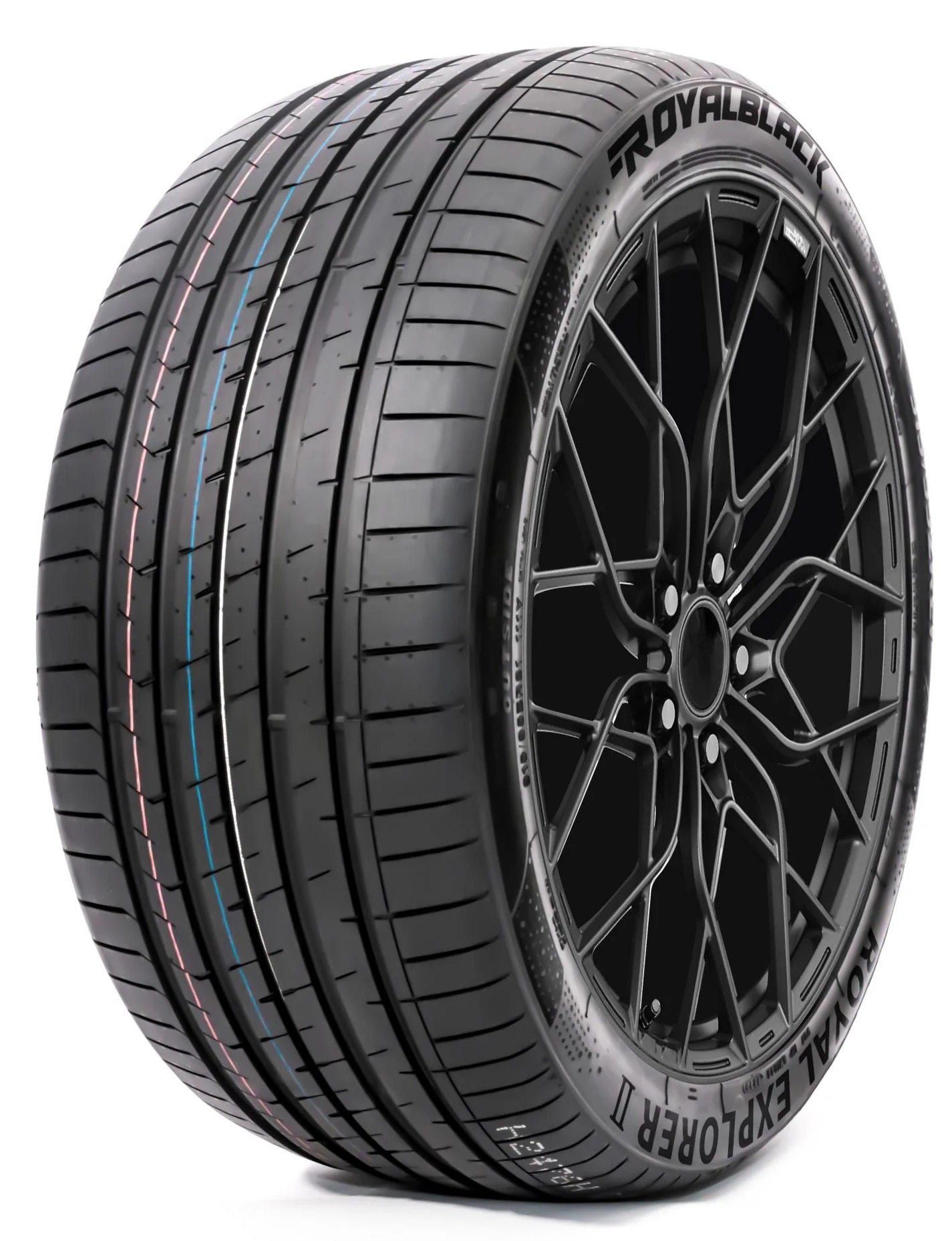 Car tire with black rim on a white background