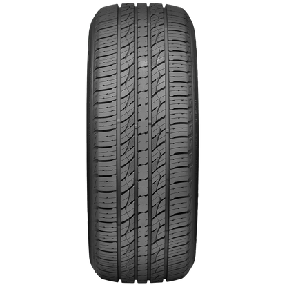Car tire with tread pattern on a white background