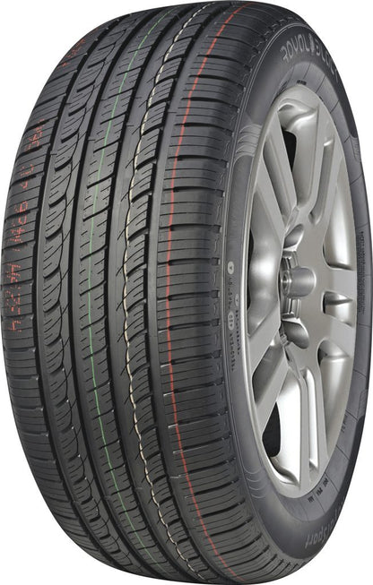A single black tire fitted on a vehicle wheel, with the tire's tread pattern visible.
