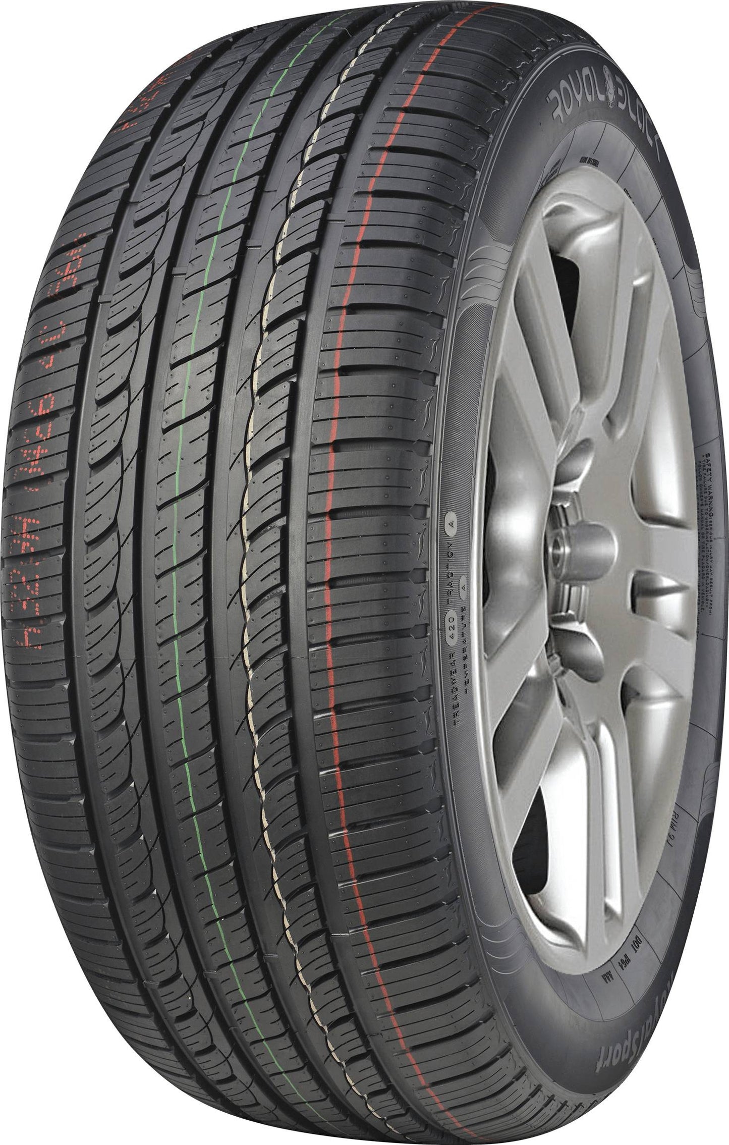 Car tire with visible tread pattern on a white background