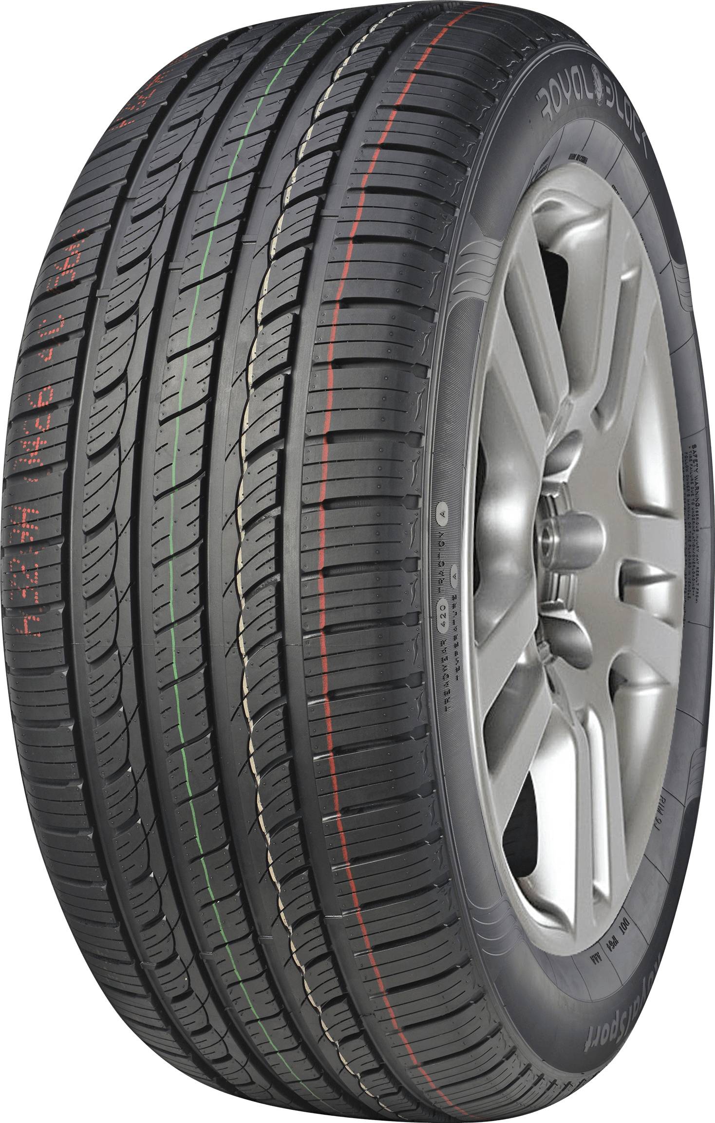Car tire with visible tread pattern on a white background
