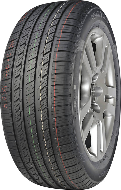Car tire with visible tread pattern on a white background